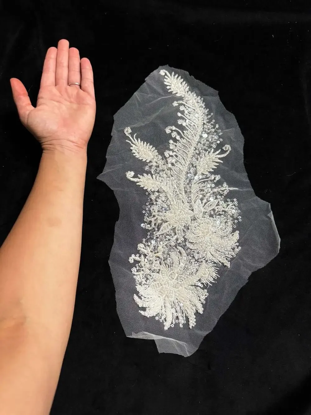 Off-White Floral Bead and Sequin Embroidered Bridal Lace Applique Patch